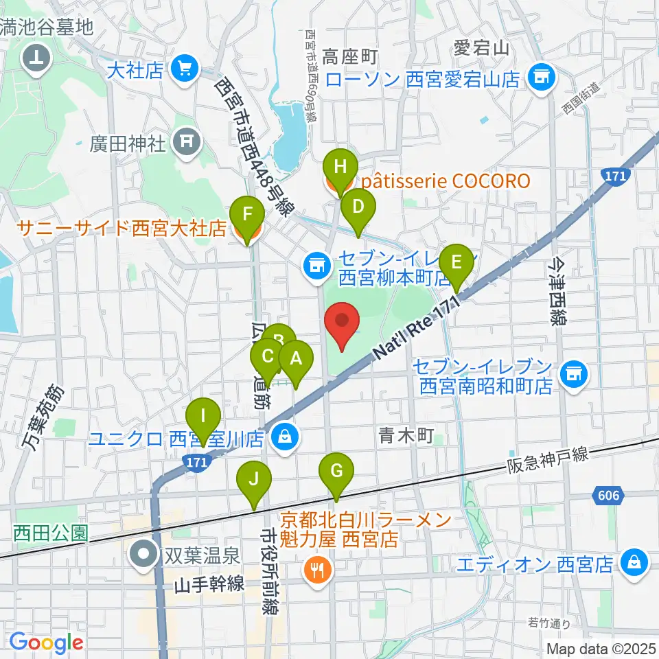 西宮市立中央体育館周辺のカフェ一覧地図