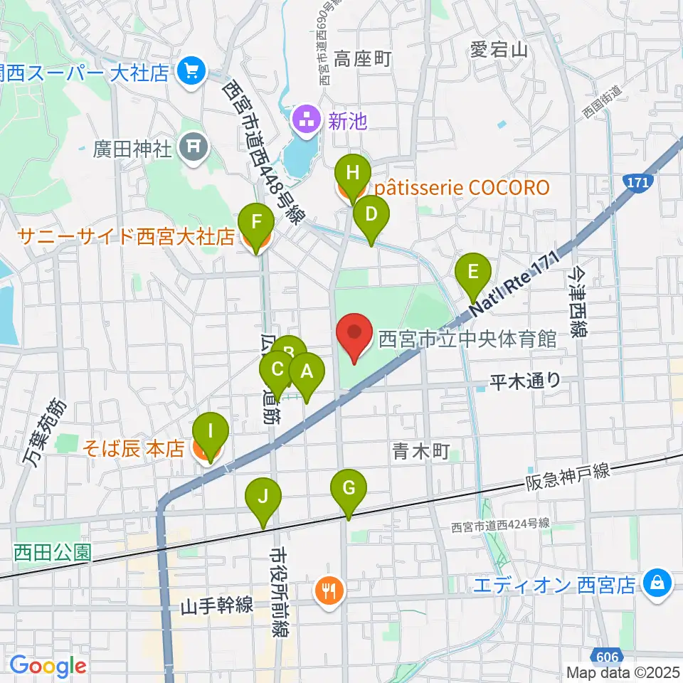 西宮市立中央体育館周辺のカフェ一覧地図