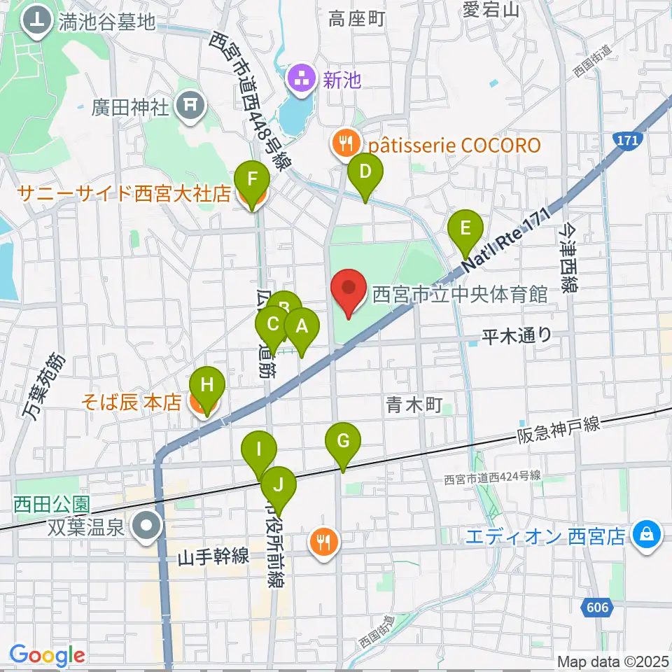 西宮市立中央体育館周辺のカフェ一覧地図
