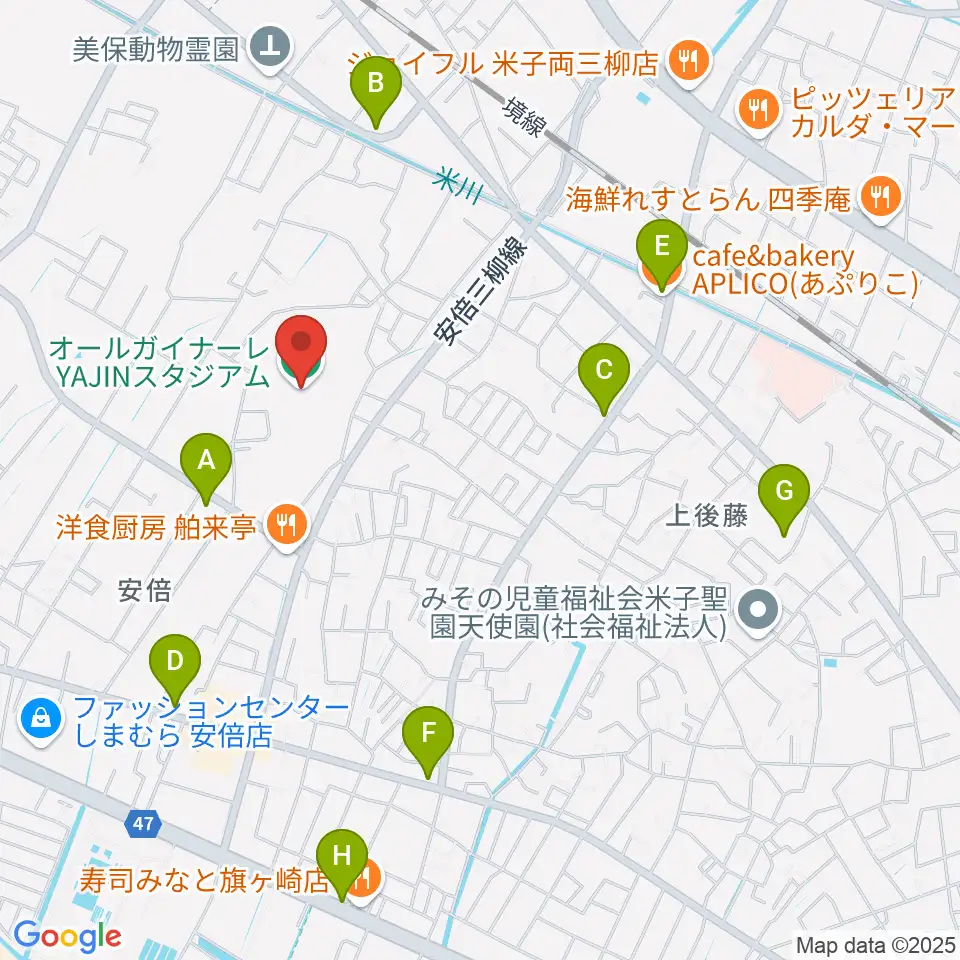 オールガイナーレYAJINスタジアム周辺のカフェ一覧地図