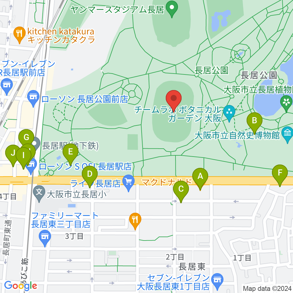 ヤンマーフィールド長居周辺のカフェ一覧地図