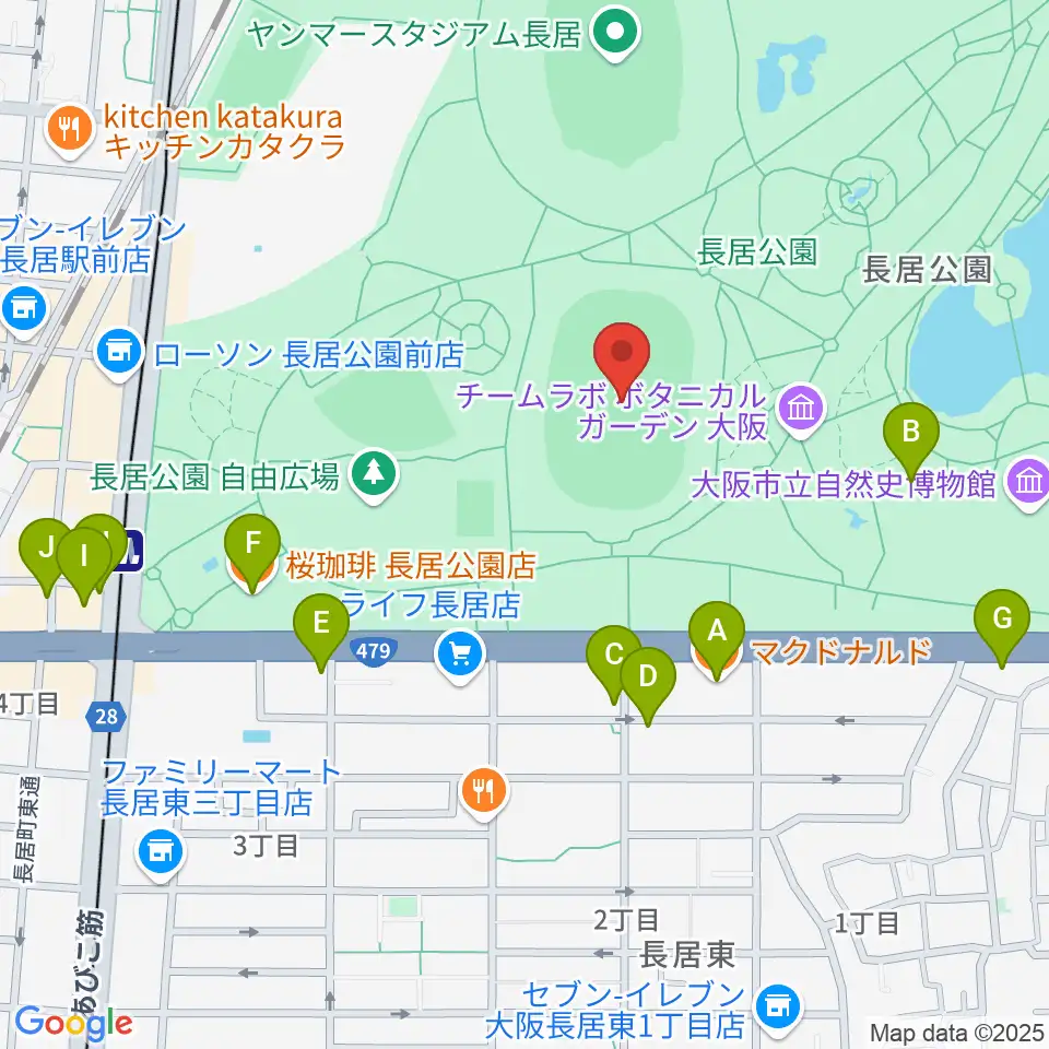 ヤンマーフィールド長居周辺のカフェ一覧地図