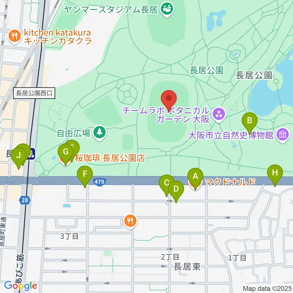 ヤンマーフィールド長居周辺のカフェ一覧地図