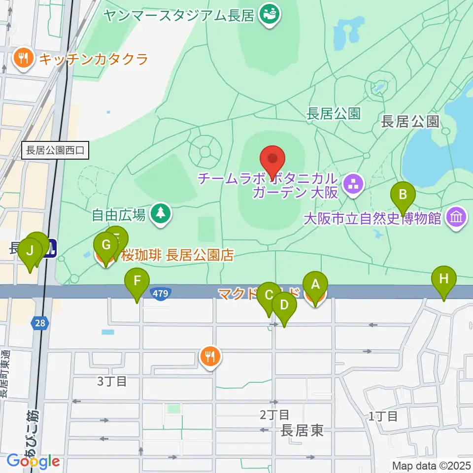 ヤンマーフィールド長居周辺のカフェ一覧地図