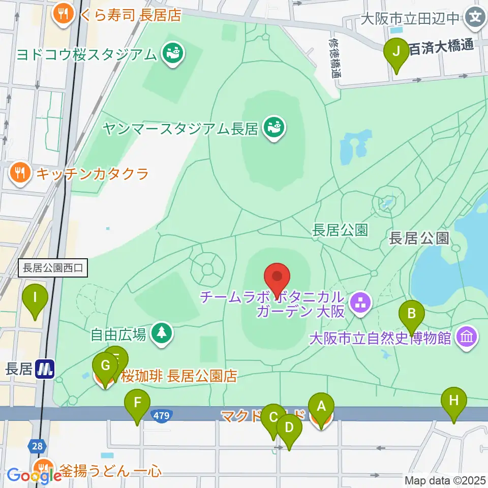 ヤンマーフィールド長居周辺のカフェ一覧地図