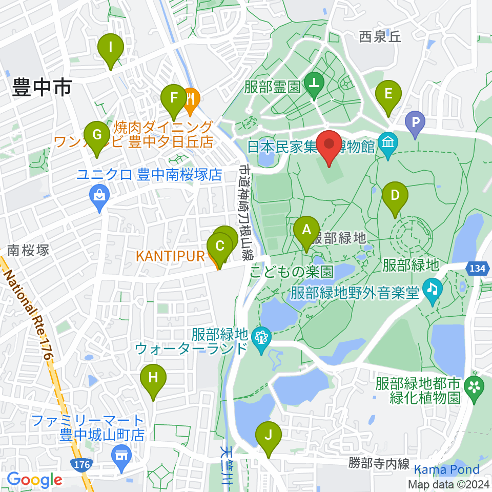 服部緑地陸上競技場周辺のカフェ一覧地図