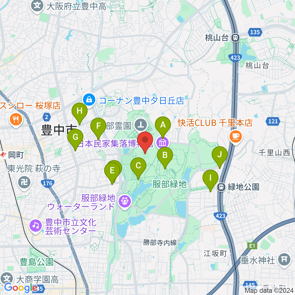 服部緑地陸上競技場周辺のカフェ一覧地図