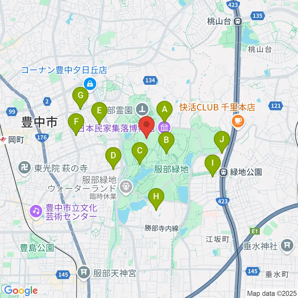 服部緑地陸上競技場周辺のカフェ一覧地図