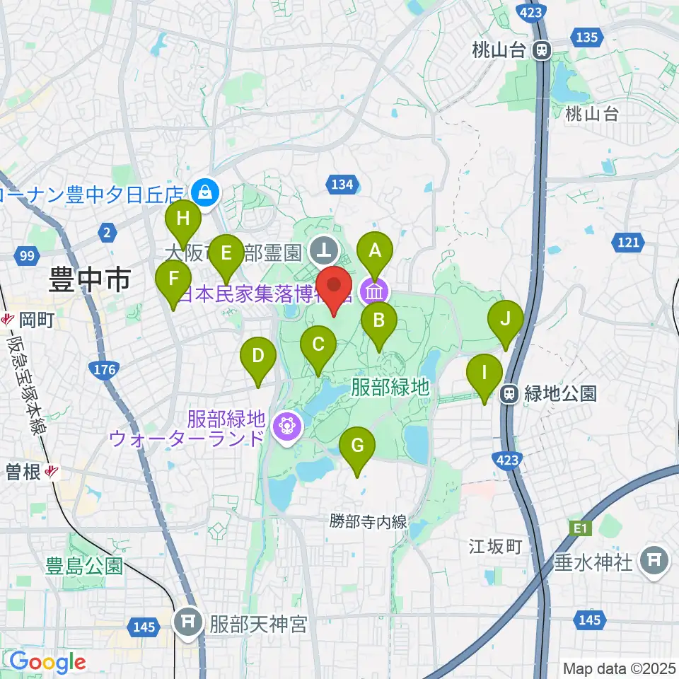 服部緑地陸上競技場周辺のカフェ一覧地図