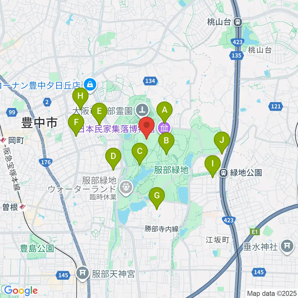 服部緑地陸上競技場周辺のカフェ一覧地図