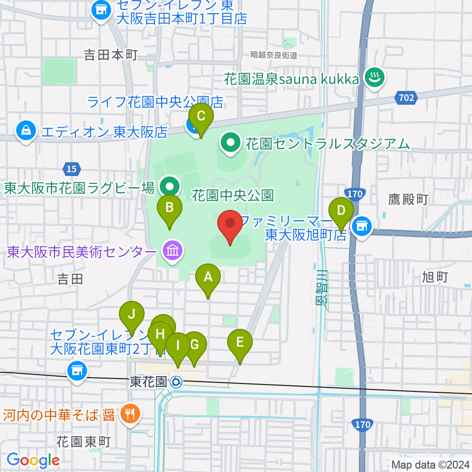 東大阪市花園中央公園 多目的球技広場周辺のカフェ一覧地図