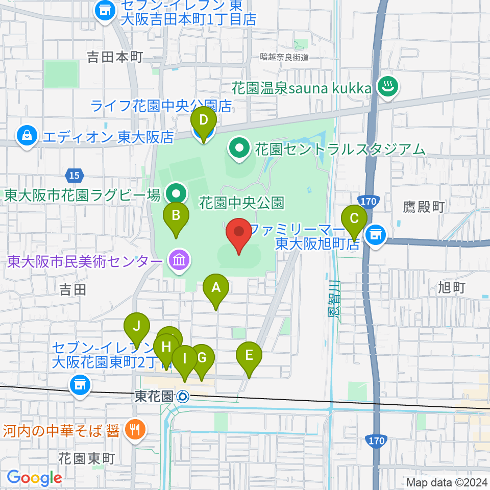 東大阪市花園中央公園 多目的球技広場周辺のカフェ一覧地図