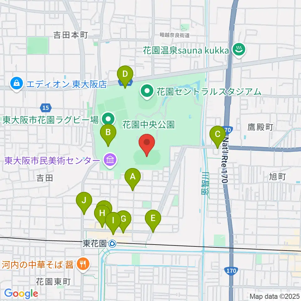 東大阪市花園中央公園 多目的球技広場周辺のカフェ一覧地図