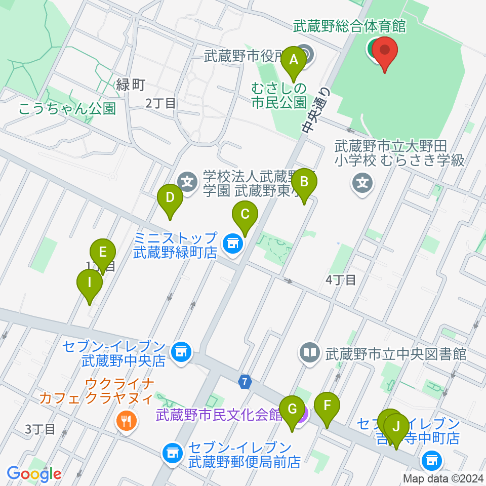 武蔵野陸上競技場周辺のカフェ一覧地図