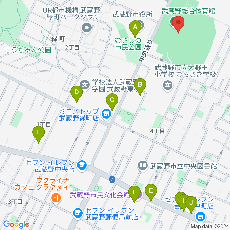 武蔵野陸上競技場周辺のカフェ一覧地図