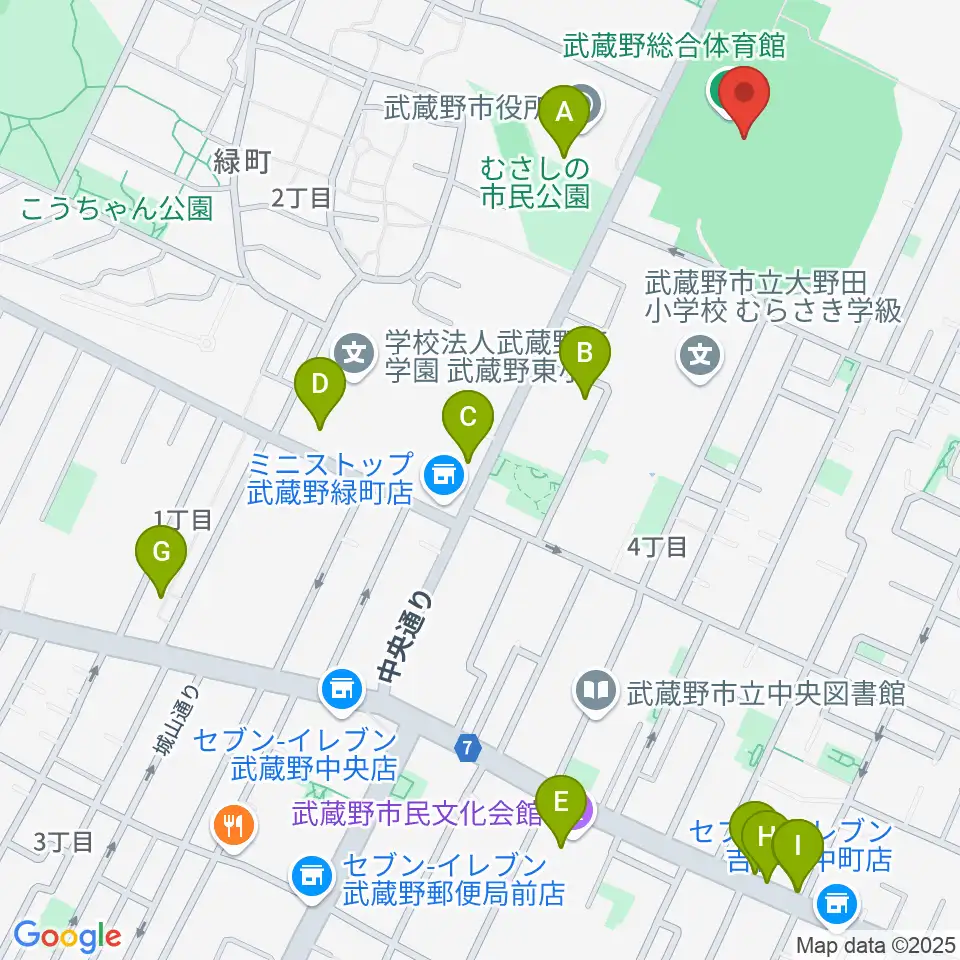 武蔵野陸上競技場周辺のカフェ一覧地図