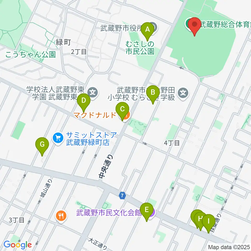 武蔵野陸上競技場周辺のカフェ一覧地図