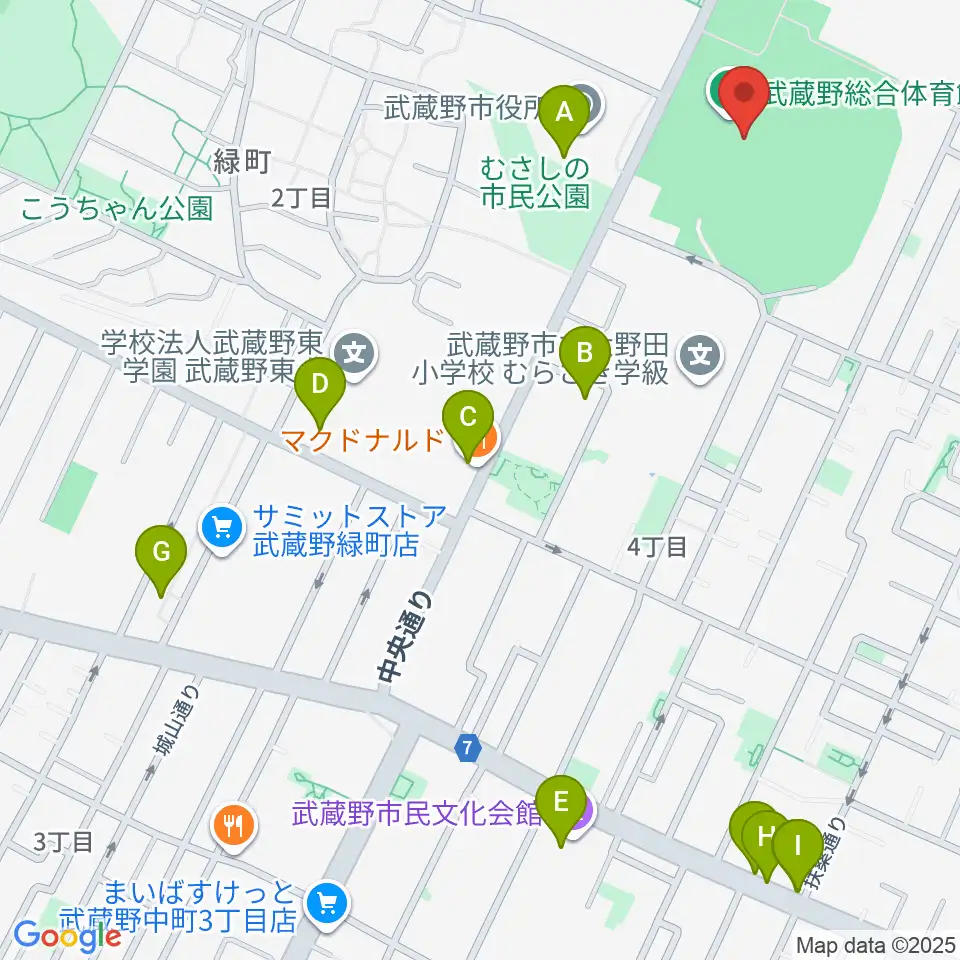武蔵野陸上競技場周辺のカフェ一覧地図