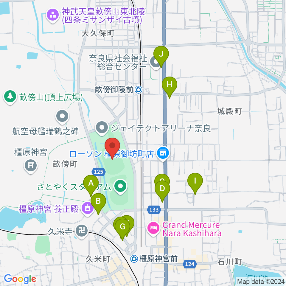 橿原公苑陸上競技場周辺のカフェ一覧地図