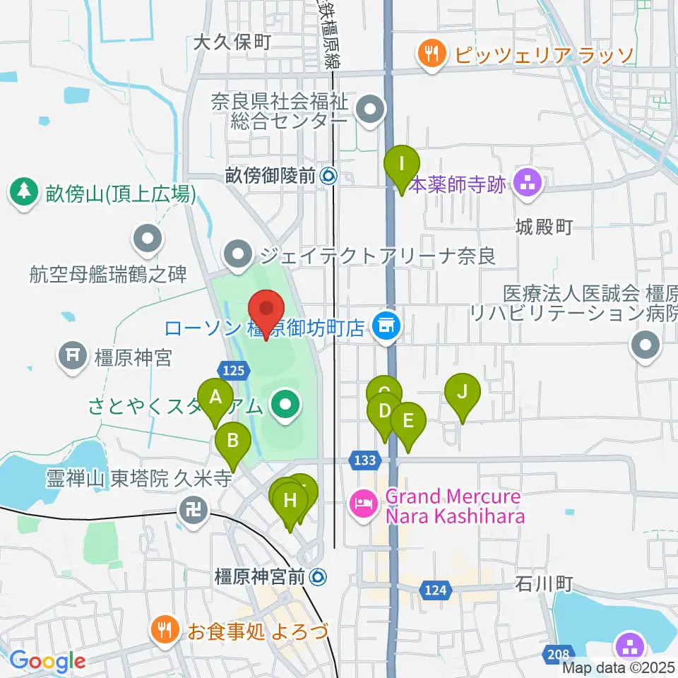 橿原公苑陸上競技場周辺のカフェ一覧地図