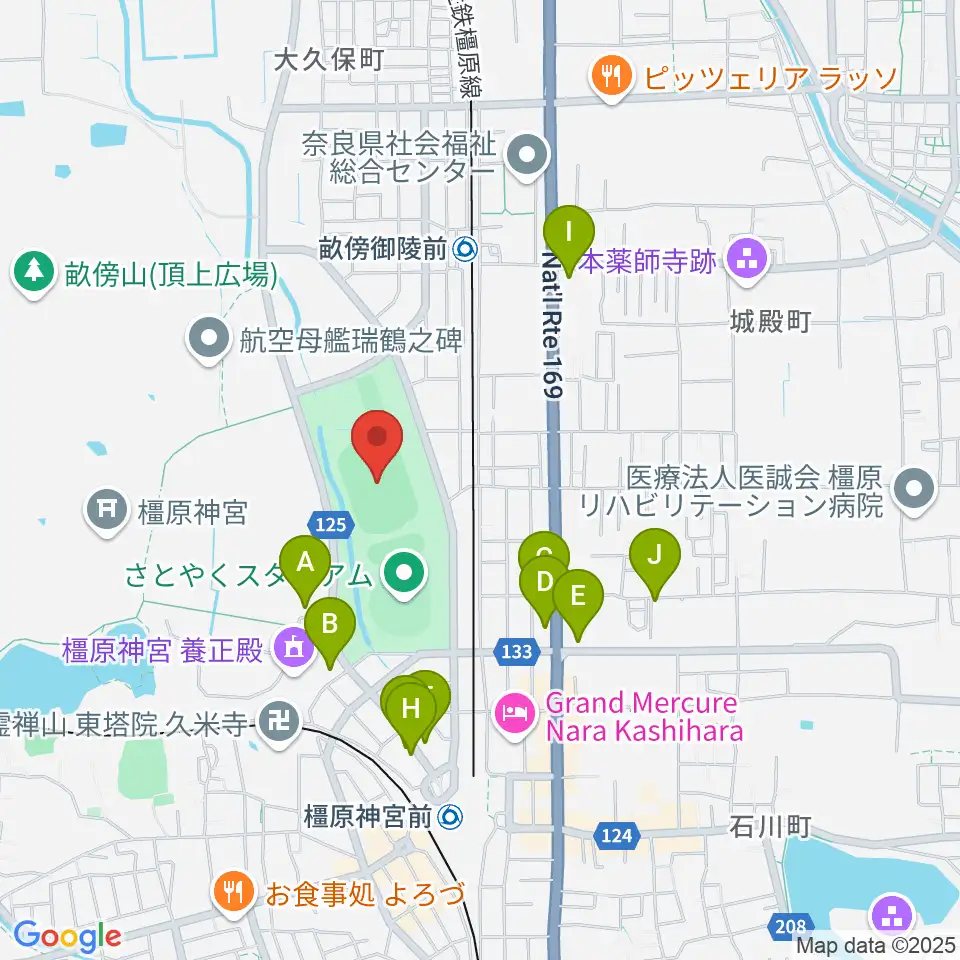 橿原公苑陸上競技場周辺のカフェ一覧地図