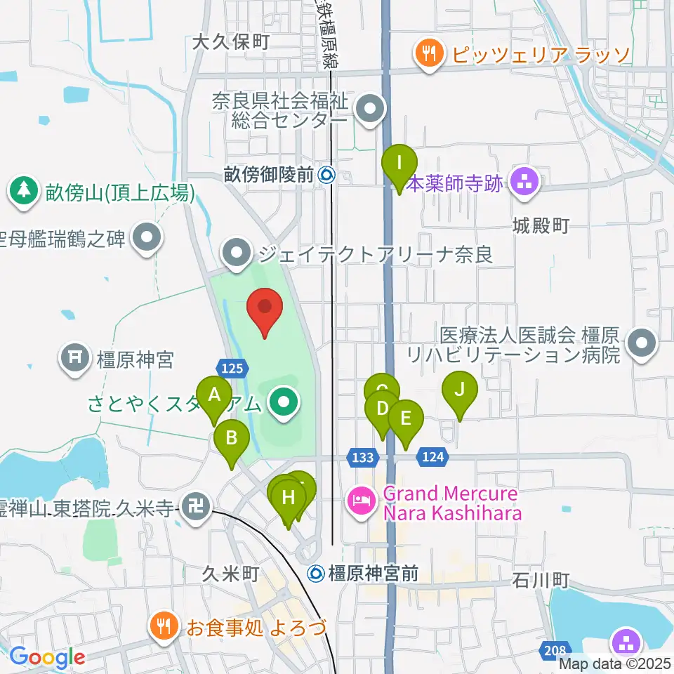 橿原公苑陸上競技場周辺のカフェ一覧地図