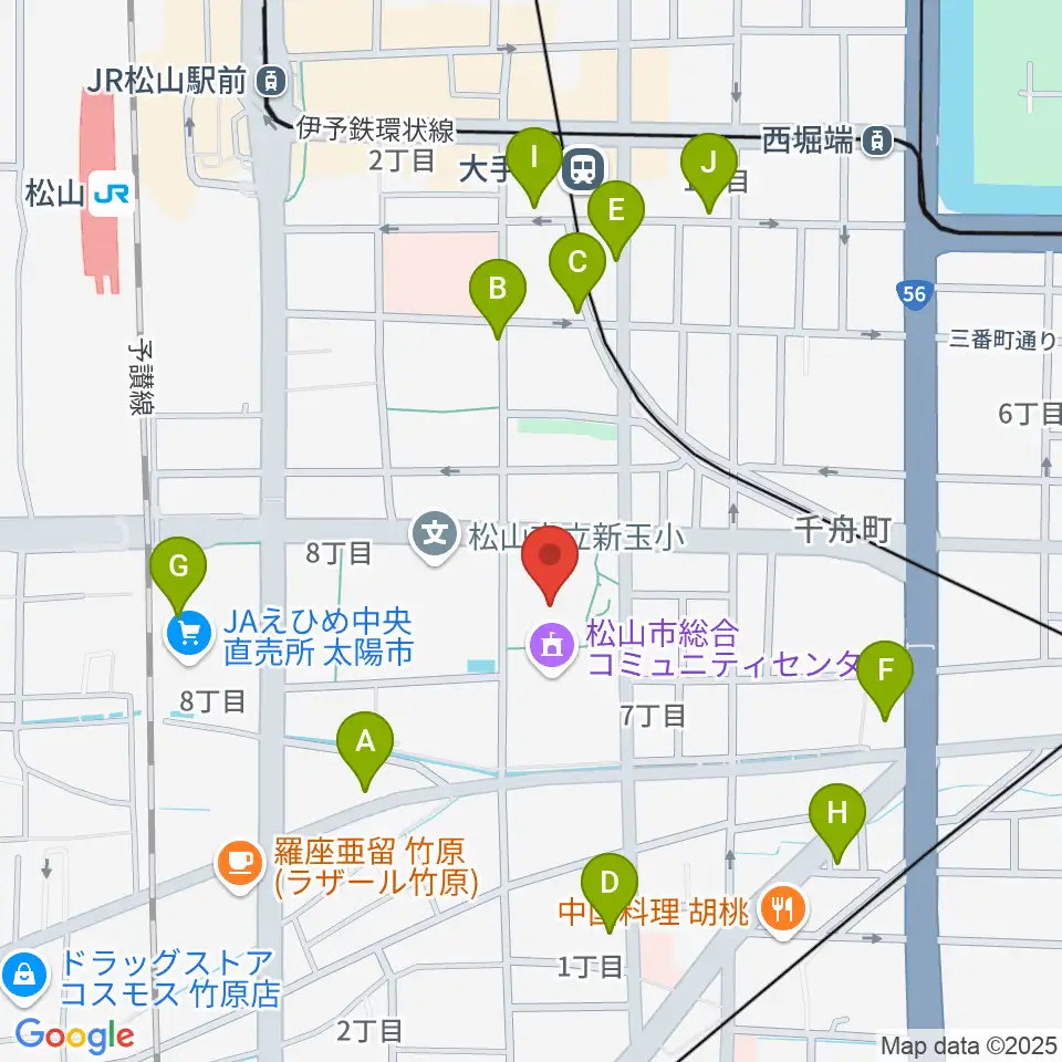 松山市総合コミュニティセンター体育館周辺のカフェ一覧地図