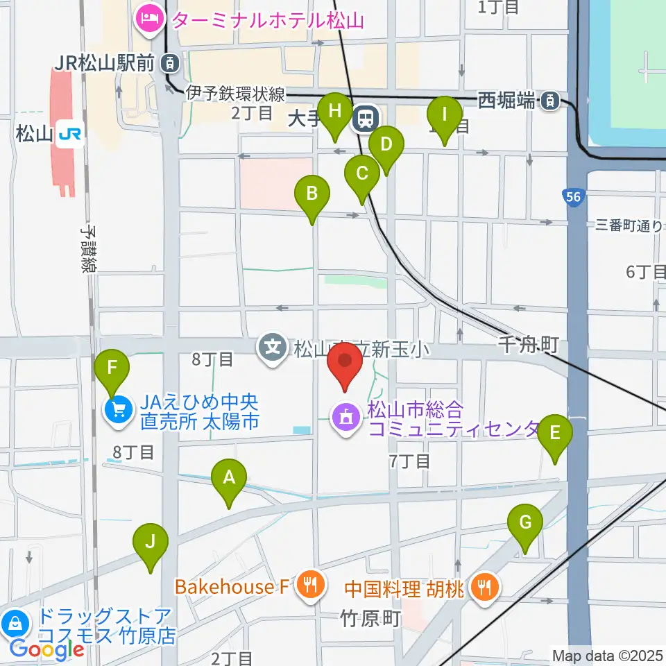 松山市総合コミュニティセンター体育館周辺のカフェ一覧地図