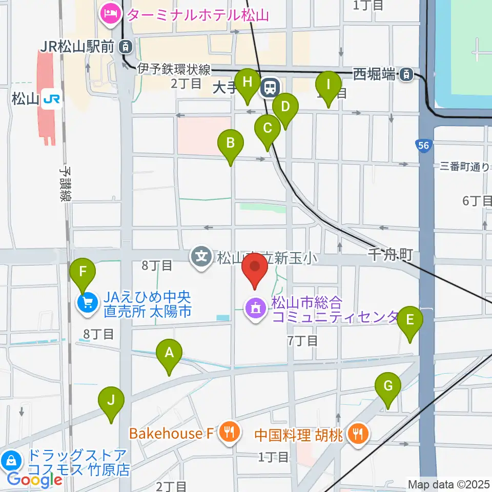 松山市総合コミュニティセンター体育館周辺のカフェ一覧地図