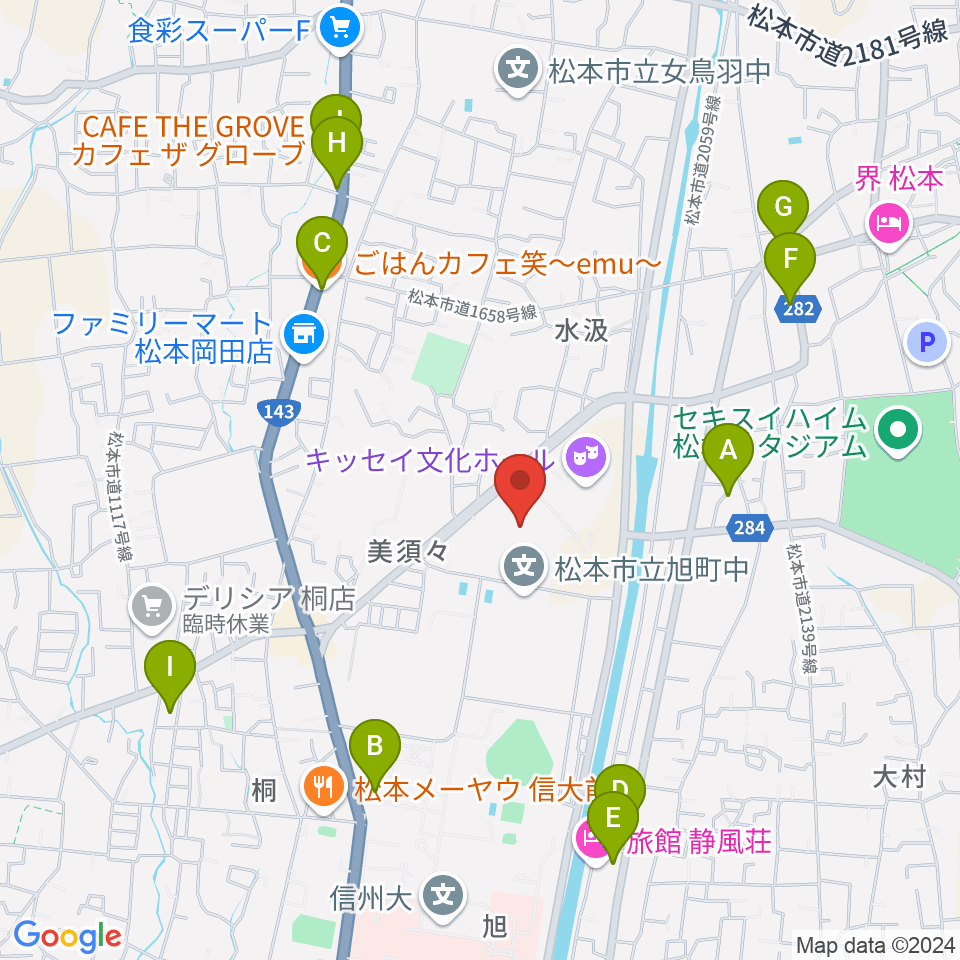 エア・ウォーターアリーナ松本周辺のカフェ一覧地図