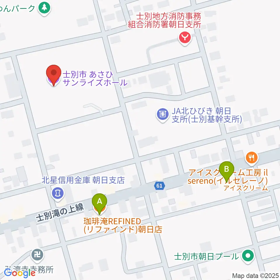 士別市あさひサンライズホール周辺のカフェ一覧地図