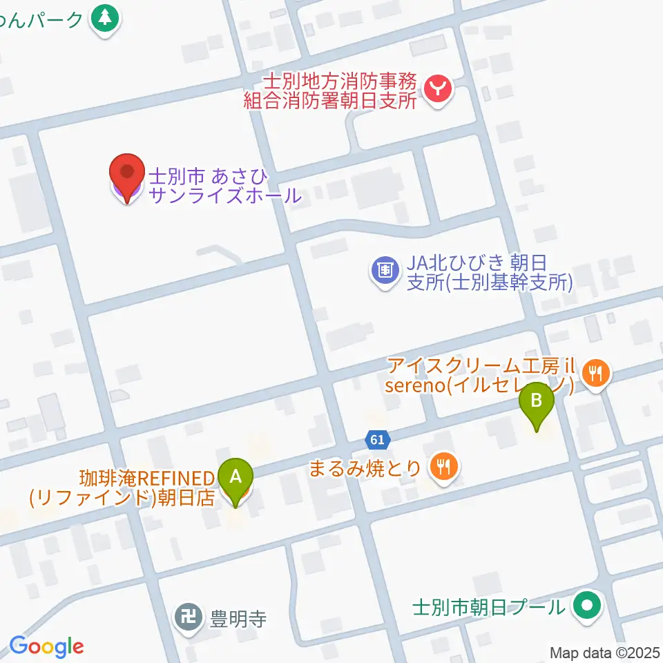 士別市あさひサンライズホール周辺のカフェ一覧地図