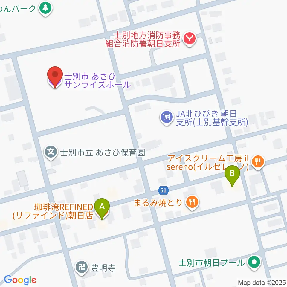 士別市あさひサンライズホール周辺のカフェ一覧地図