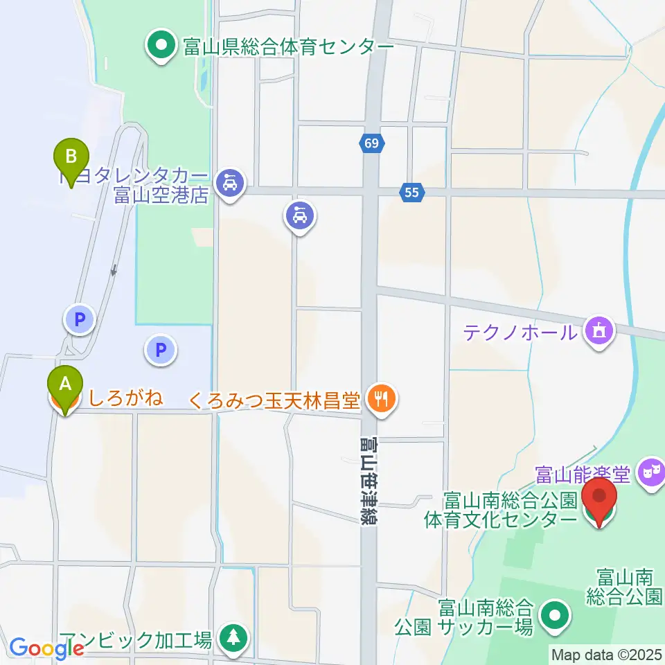 富山市南総合公園体育文化センター周辺のカフェ一覧地図