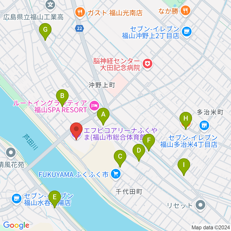 エフピコアリーナふくやま周辺のカフェ一覧地図