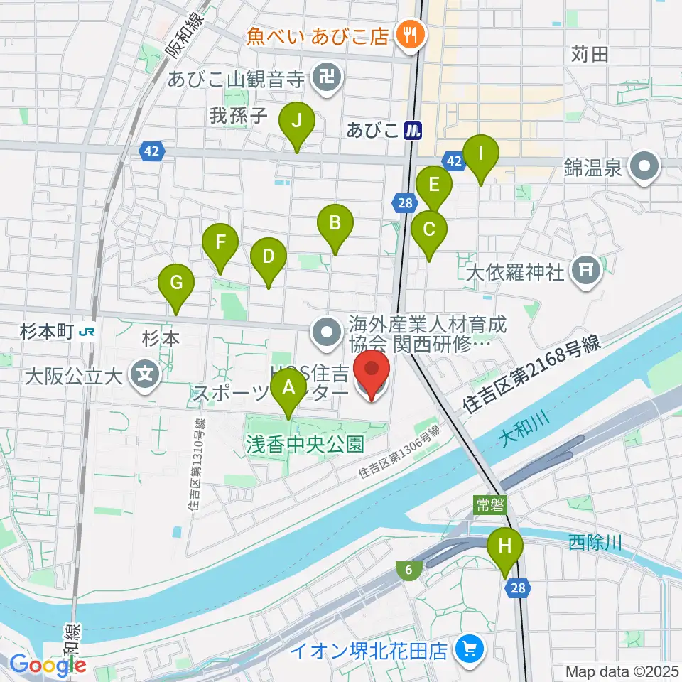 大阪市立住吉スポーツセンター・屋内プール周辺のカフェ一覧地図