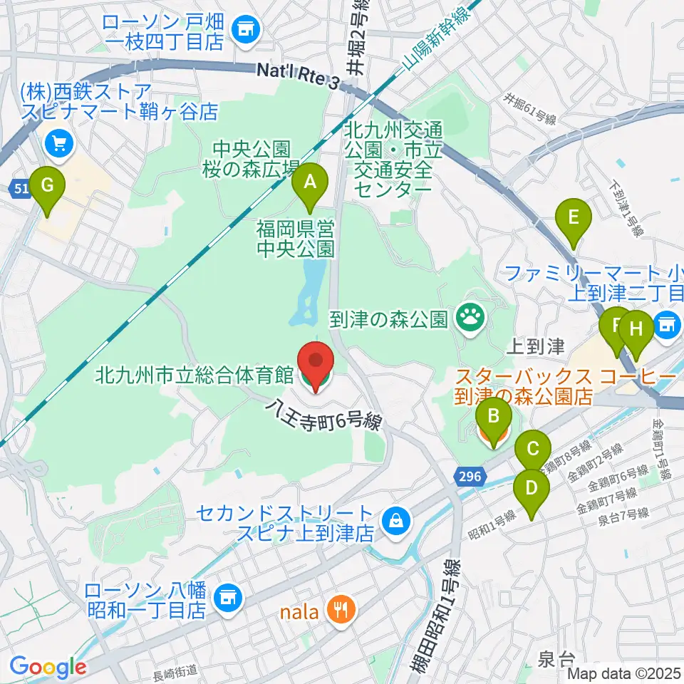 北九州市立総合体育館周辺のカフェ一覧地図