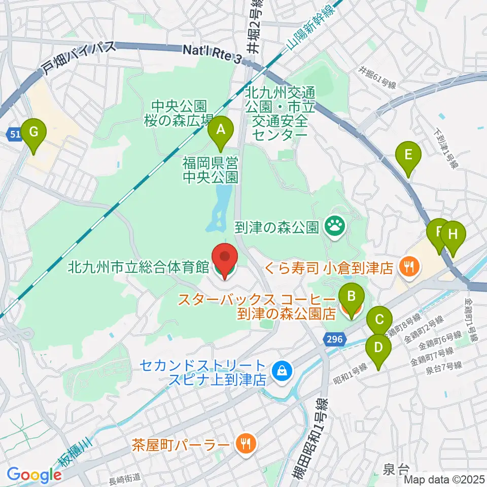 北九州市立総合体育館周辺のカフェ一覧地図