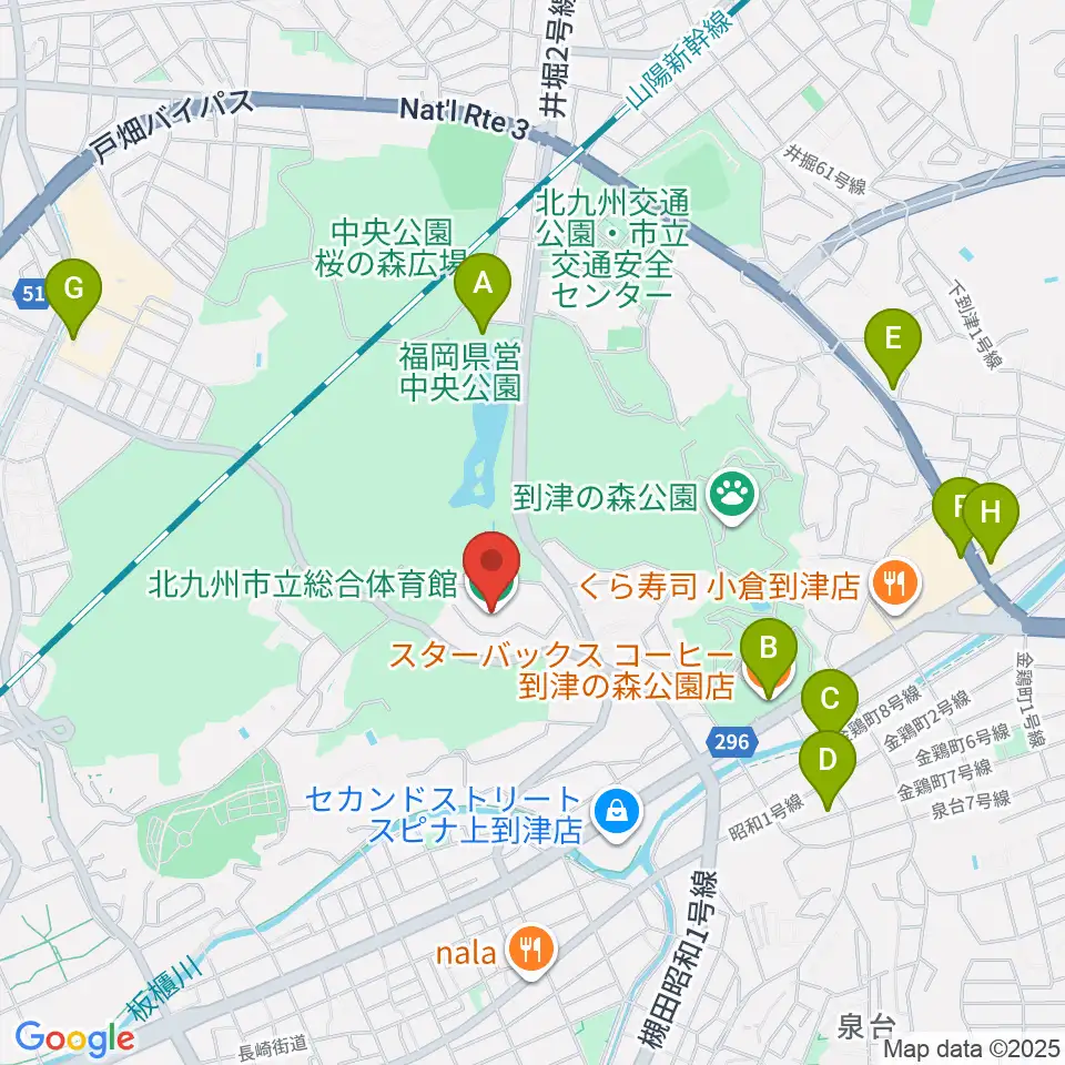 北九州市立総合体育館周辺のカフェ一覧地図