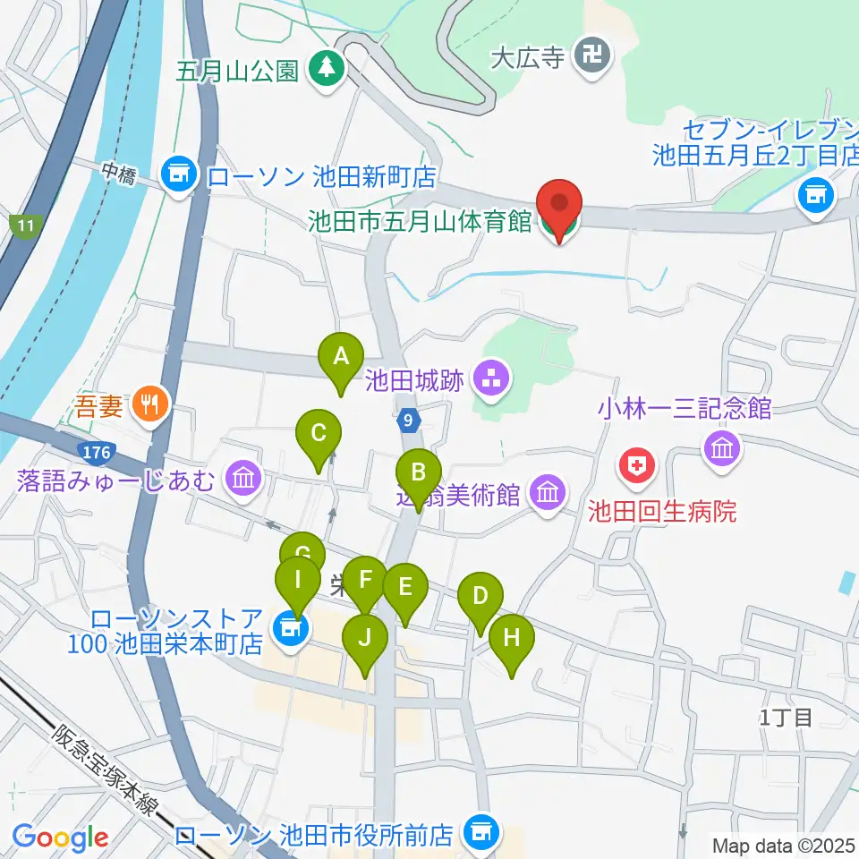 池田市五月山体育館周辺のカフェ一覧地図