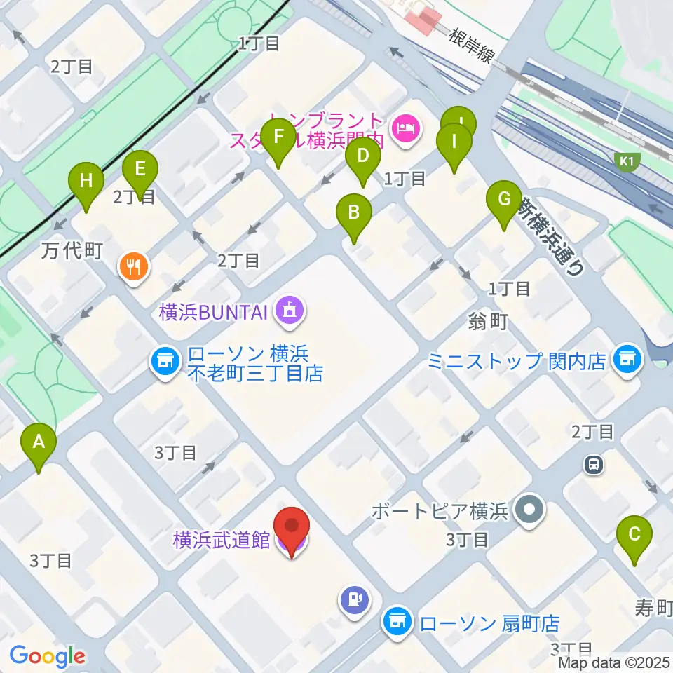 横浜武道館周辺のカフェ一覧地図