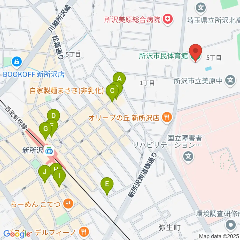 所沢市民体育館周辺のカフェ一覧地図