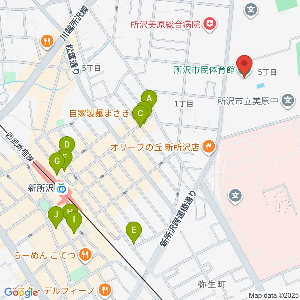 所沢市民体育館周辺のカフェ一覧地図