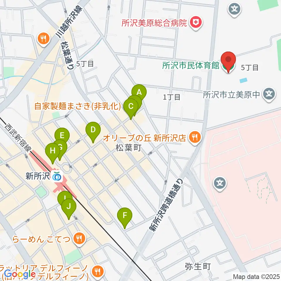 所沢市民体育館周辺のカフェ一覧地図