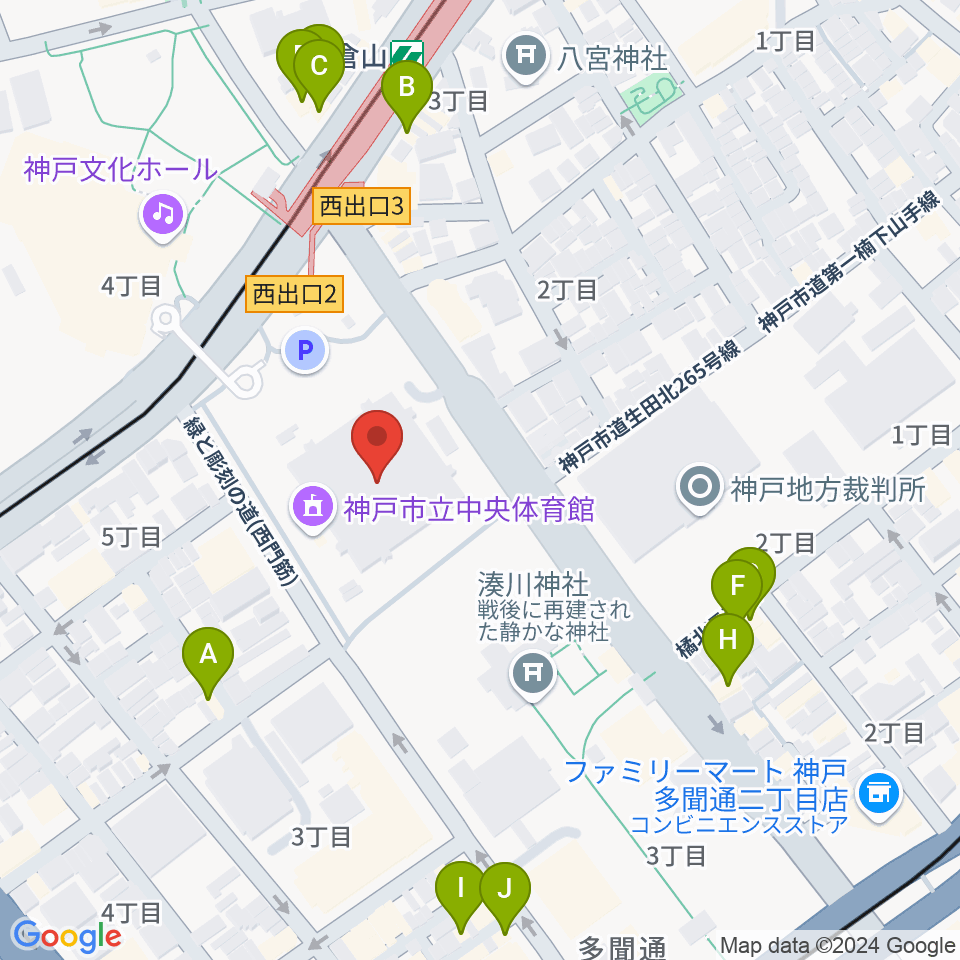 神戸市立中央体育館周辺のカフェ一覧地図