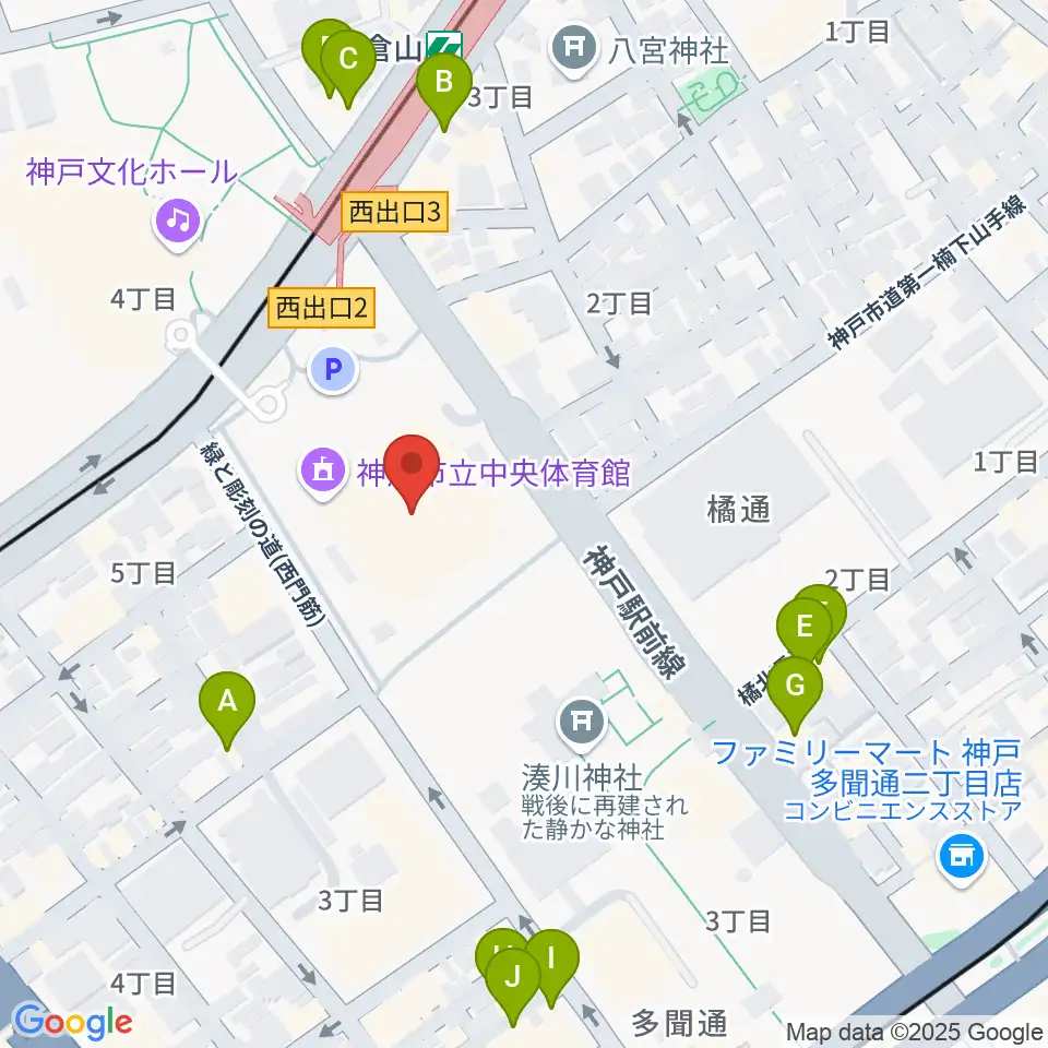 神戸市立中央体育館周辺のカフェ一覧地図