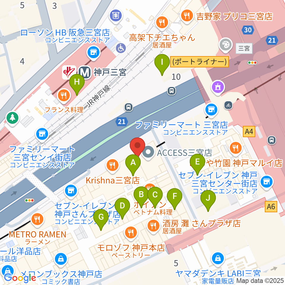 りずむぼっくす三宮ウエスト店周辺のカフェ一覧地図