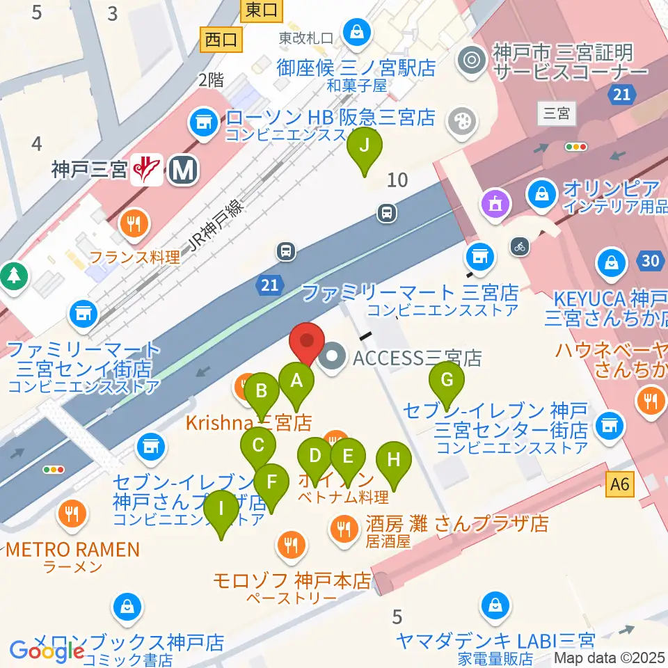 りずむぼっくす三宮ウエスト店周辺のカフェ一覧地図