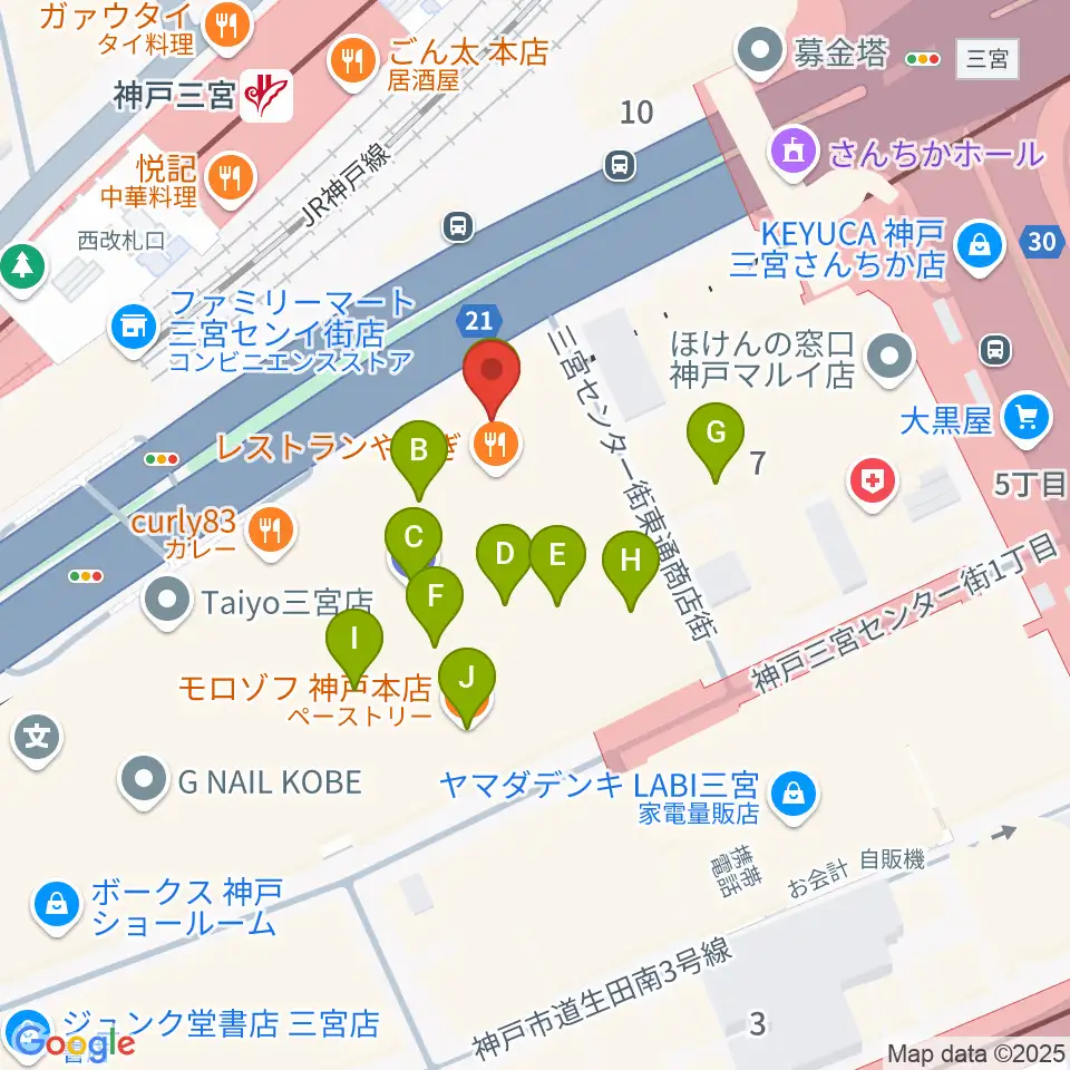 りずむぼっくす三宮ウエスト店周辺のカフェ一覧地図