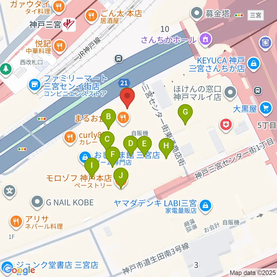 りずむぼっくす三宮ウエスト店周辺のカフェ一覧地図